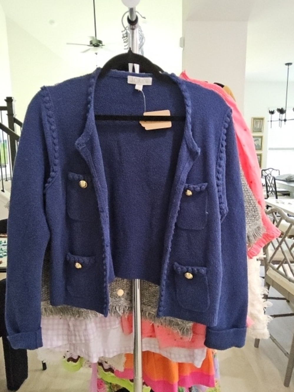 J. Crew Navy Bouclé Pocket Cardigan with Gold Buttons